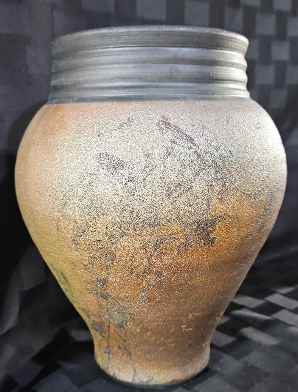 Handcrafted & Signed Ceramic Raku or Wood Fired Vase, Metallic Coppery Texture